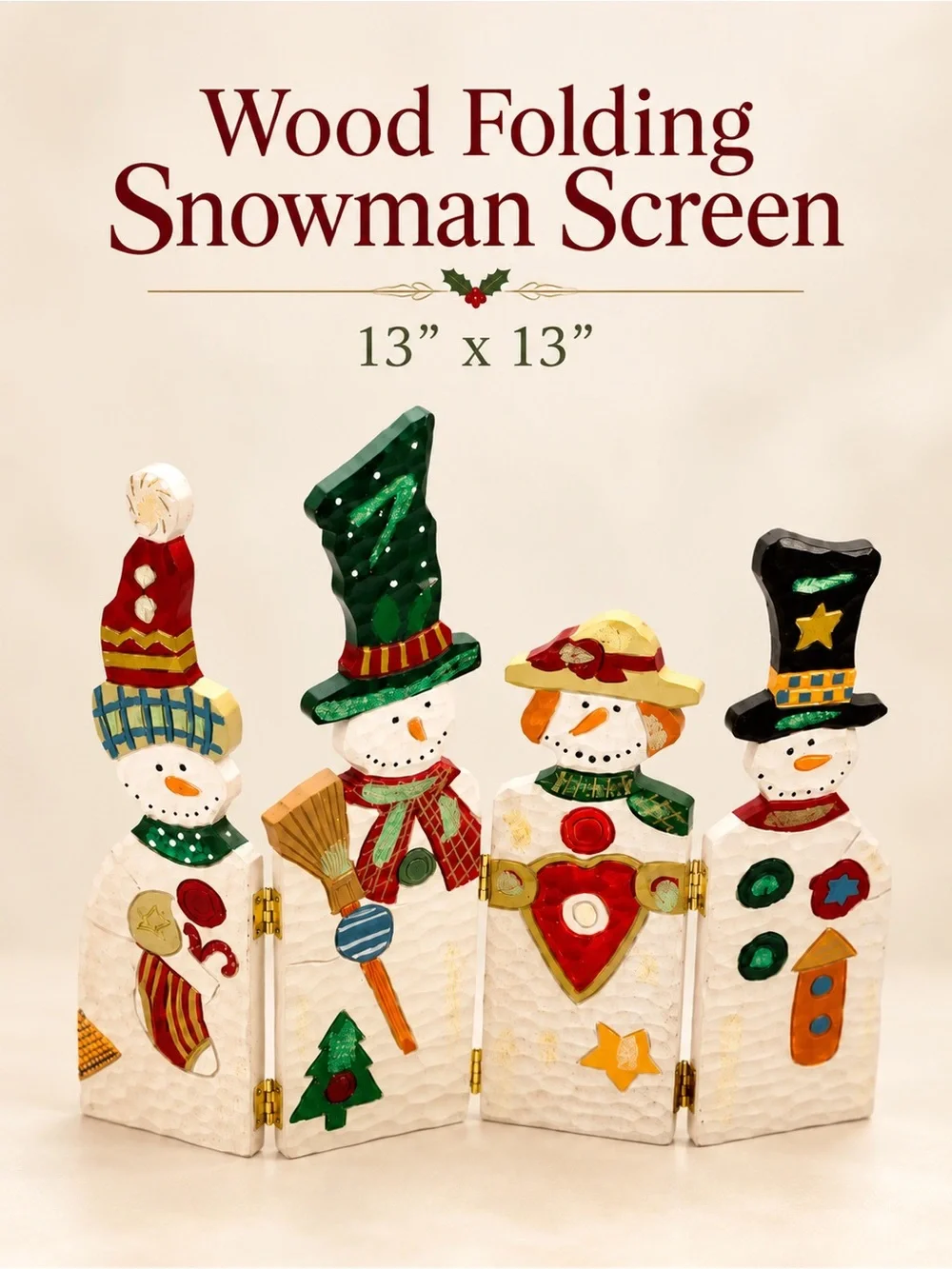 Handcrafted Wooden Tabletop Snowman Folding Screen 13” x 13” Christmas Decor